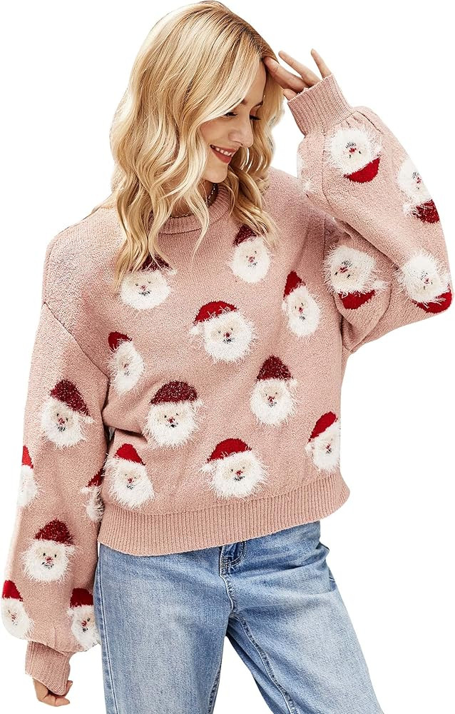 Womens Ugly Christmas Sweater Funny Santa Funny Xmas Holiday Party Knitted Pullover | Amazon (US)