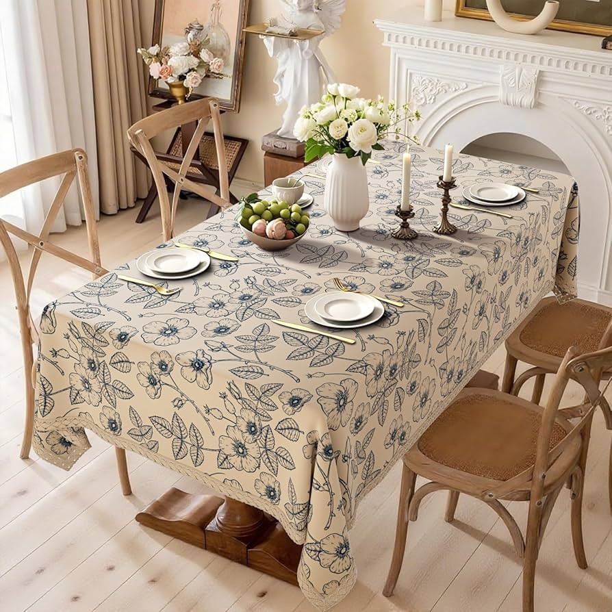 French Vintage Floral Tablecloth Rectangle, Heavy Duty Linen Table Cloth with Blue Flowers and Le... | Amazon (US)