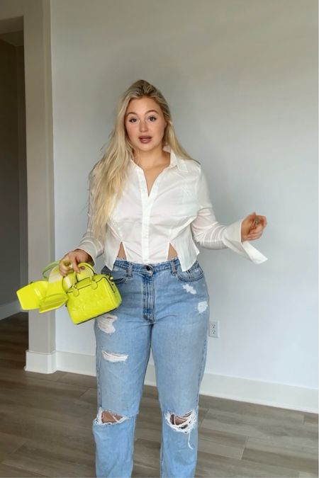 Love of a classic white shirt with a slight twist 🤌🏼 paired with casual ripped jeans and a pop of neon for heels and bag to make this a fresh spring summer look for meetings, lunch or dinner dates 🍋 heels on sale from $125 to $69 

I wear a US size 12 or XL and I’m 5”9 

#LTKSeasonal #LTKworkwear #LTKFind