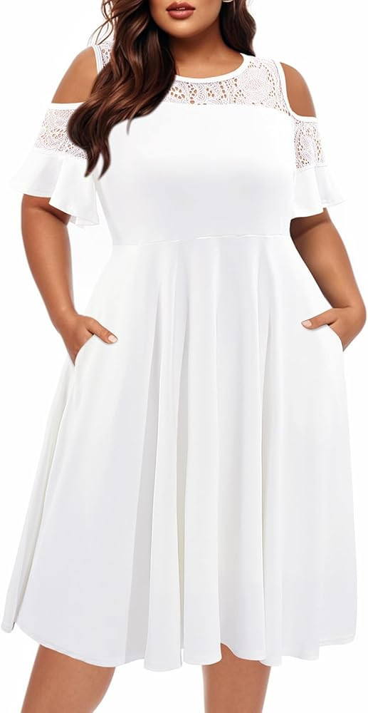 Plus Size Cocktail Dress - Graduation Cold Shoulder Lace Midi Dresses with Pockets | Amazon (US)