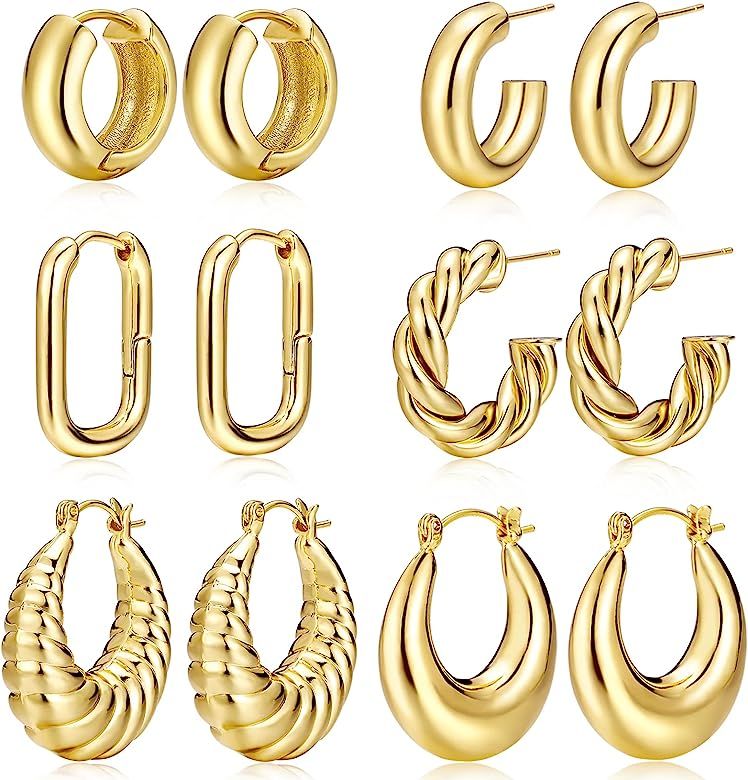 Gold Hoop Earrings for Women,14K Gold Plated Thick Hoop Earrings Pack, Chunky Hoops Set Hypoaller... | Amazon (US)