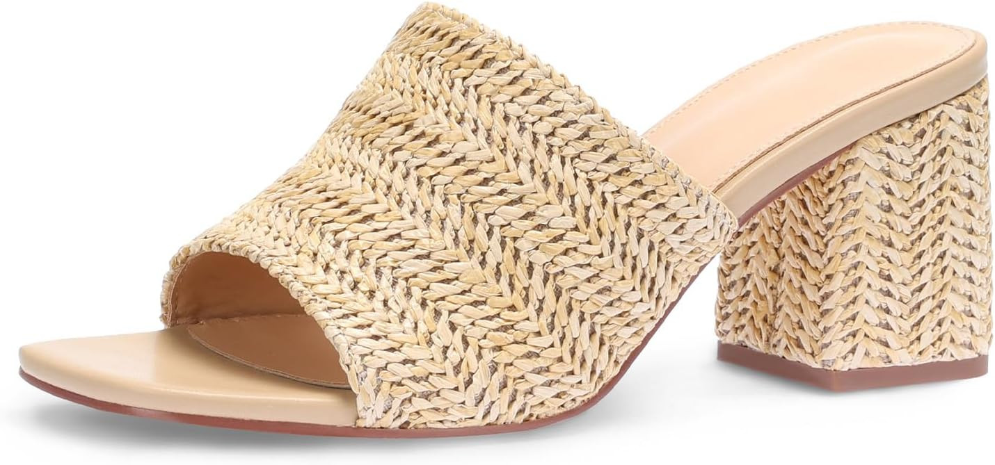 Raffia Sandals Women Espadrilles Heeled Sandals Summer Beach Mules Slip On Square Open Toe Chunky... | Amazon (US)
