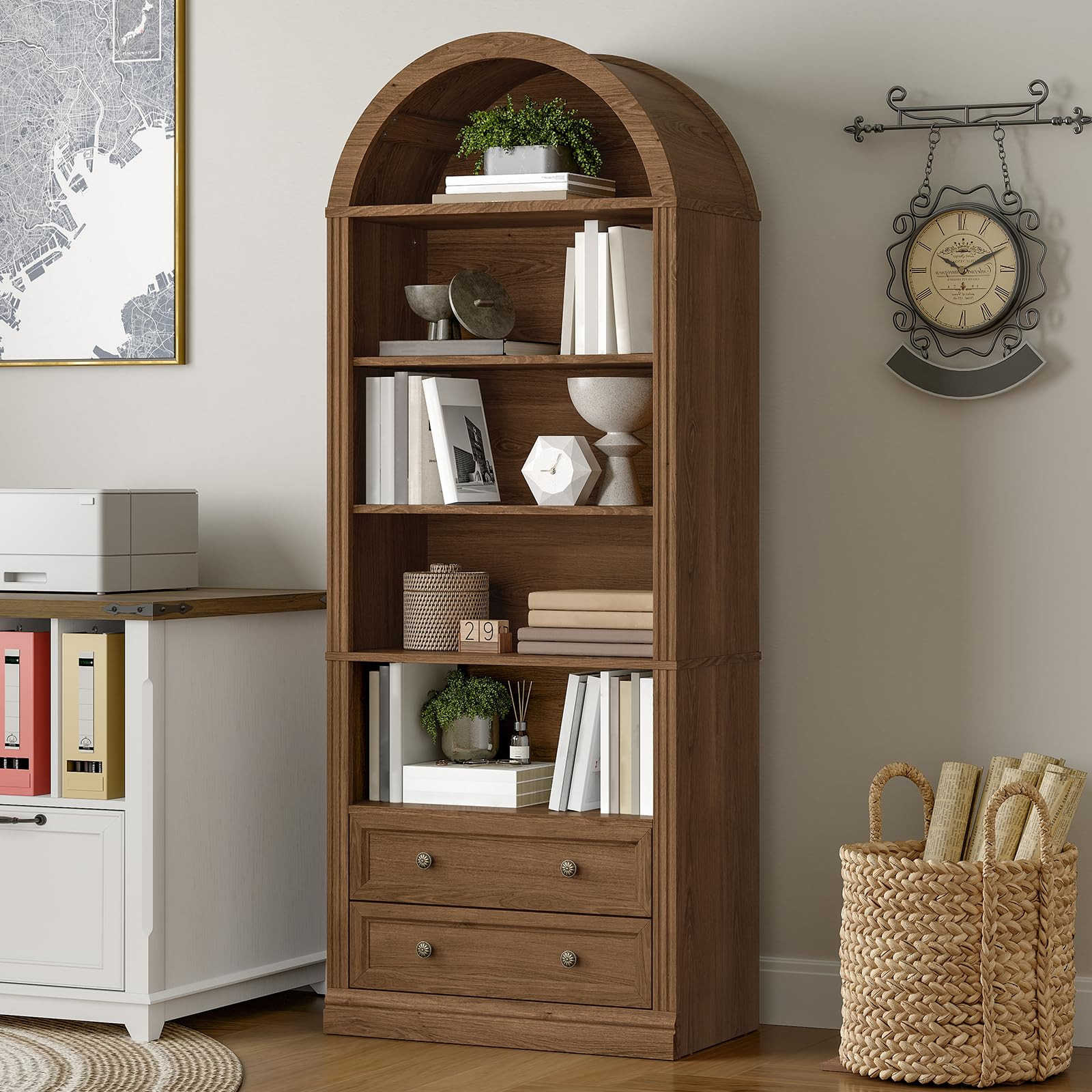 Farmhouse Arched Bookshelf, 7 Tiers Arch Bookcase with 2 Spacious Drawers, Modern Book Shelf with... | Amazon (US)