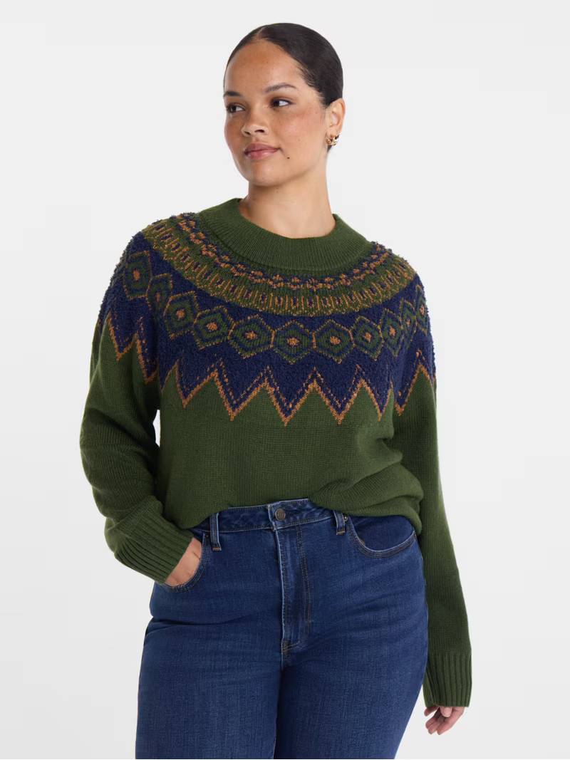 Scenario Women's and Women's Plus Fair Isle Sweater with Long Sleeves, Midweight, Sizes XS-4X | Walmart (US)