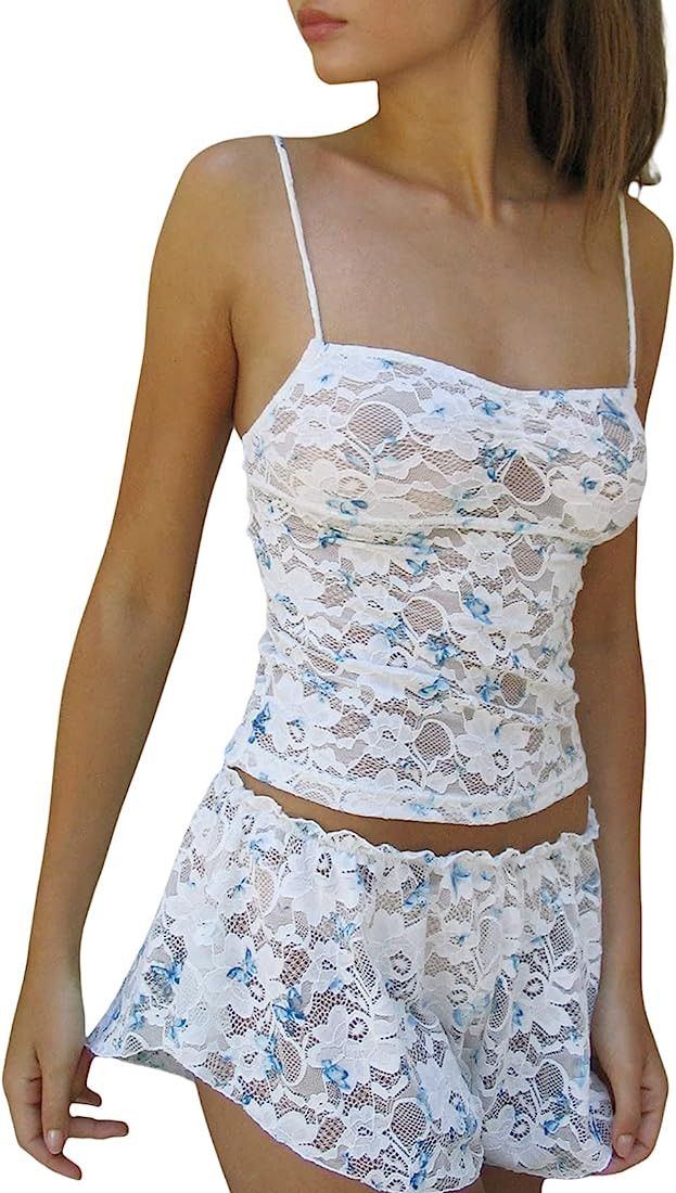 Women Floral Print 2 Piece Shorts Sets Lace Trim Crop Camis High Waist Stretchy Mini Shorts Y2k T... | Amazon (US)