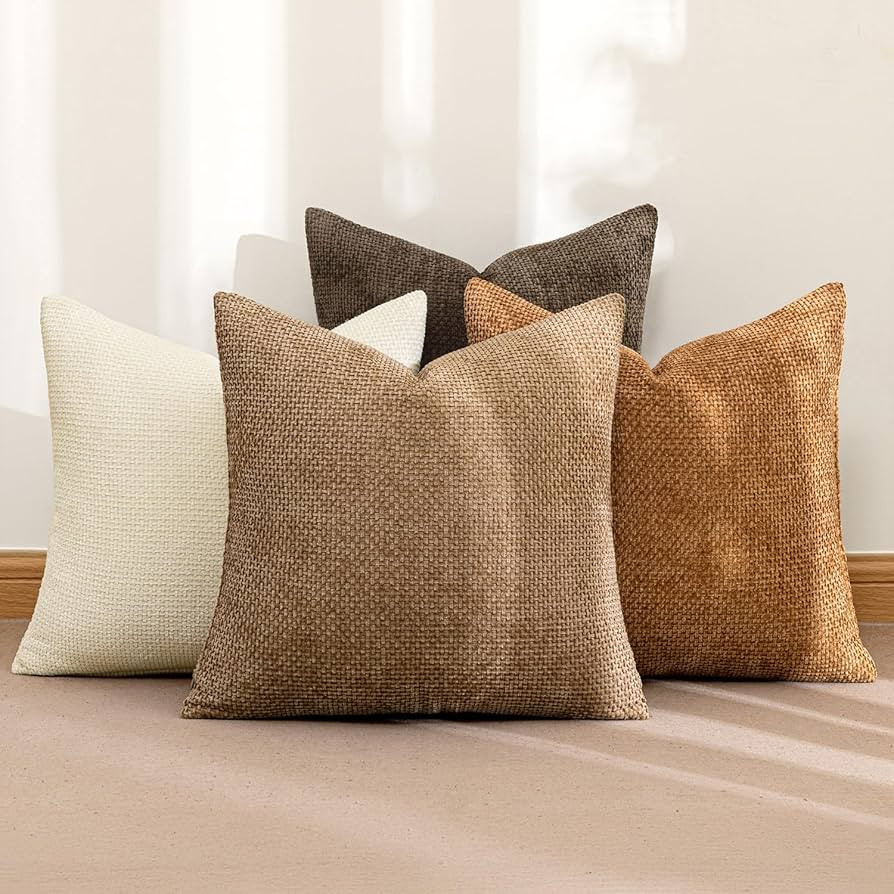MIULEE Pack of 4 Brown Couch Throw Pillow Covers 18x18 Inch Soft Fall Decorative Chenille Pillows... | Amazon (US)
