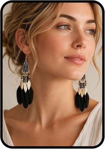 Boho Feather Tassel Earrings for Women, Turquoise Beaded Tribal Dangle Long Drop Earring Vintage ... | Amazon (US)