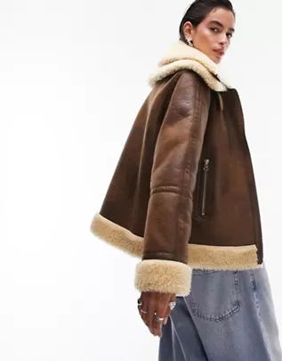 Topshop faux suede shearling zip front oversized aviator jacket with double collar detail in tan | ASOS (Global)