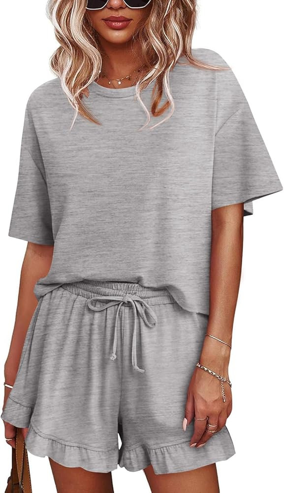 Tankaneo Womens 2 Piece Shorts Set Summer Casual Short Sleeve T Shirts Drawstring Ruffle Shorts P... | Amazon (US)