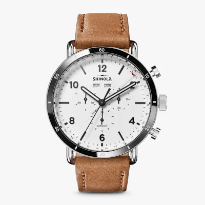 Shinola Men's Watch | White Dial + Light Brown Leather Strap | The Canfield Sport 45mm | Shinola