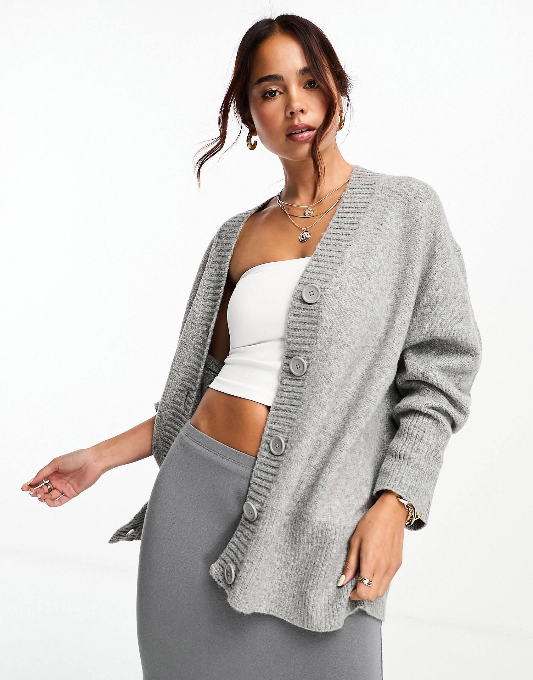ASOS DESIGN boyfriend cardigan with button front in gray | ASOS (Global)