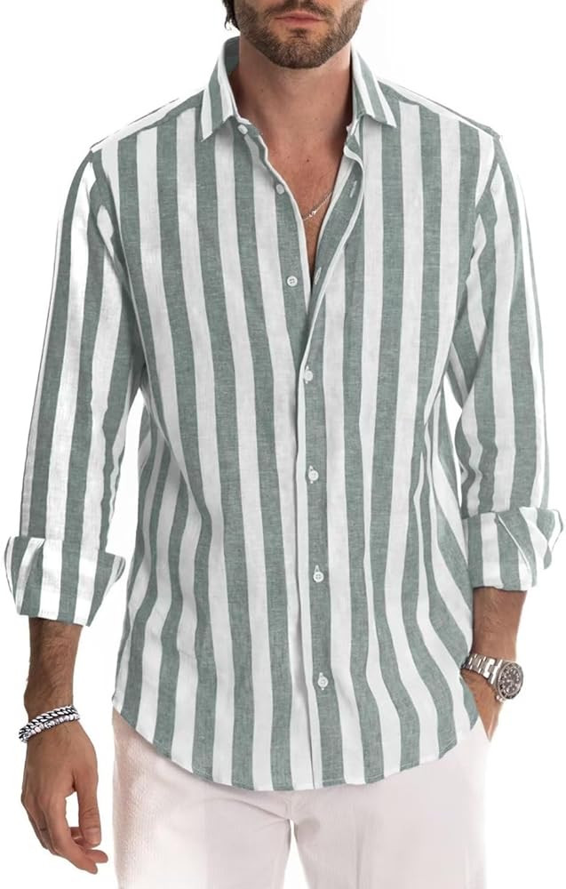 Mens Linen Button-Down Shirts Casual Striped Long Sleeve Summer Beach Shirt | Amazon (US)