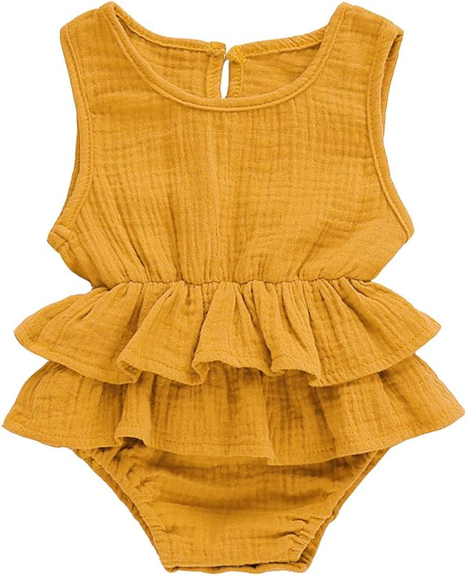 Bowanadacles Newborn Infant Baby Girl Romper Jumpsuit Cotton Linen Sleeveless Ruffled Bodysuit Su... | Amazon (US)