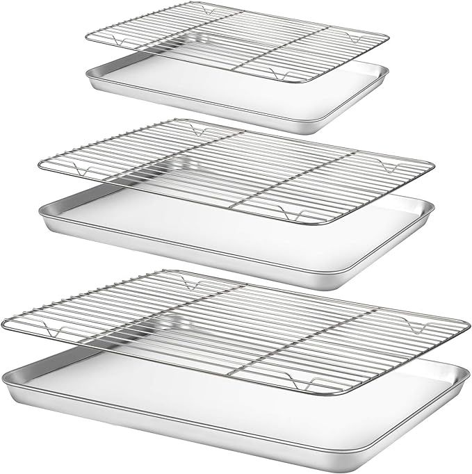 Baking Sheet with Rack Set [3 Sheets+3 Racks], HUSHIDA Stainless Steel Cookie Sheets Baking Pan w... | Amazon (US)