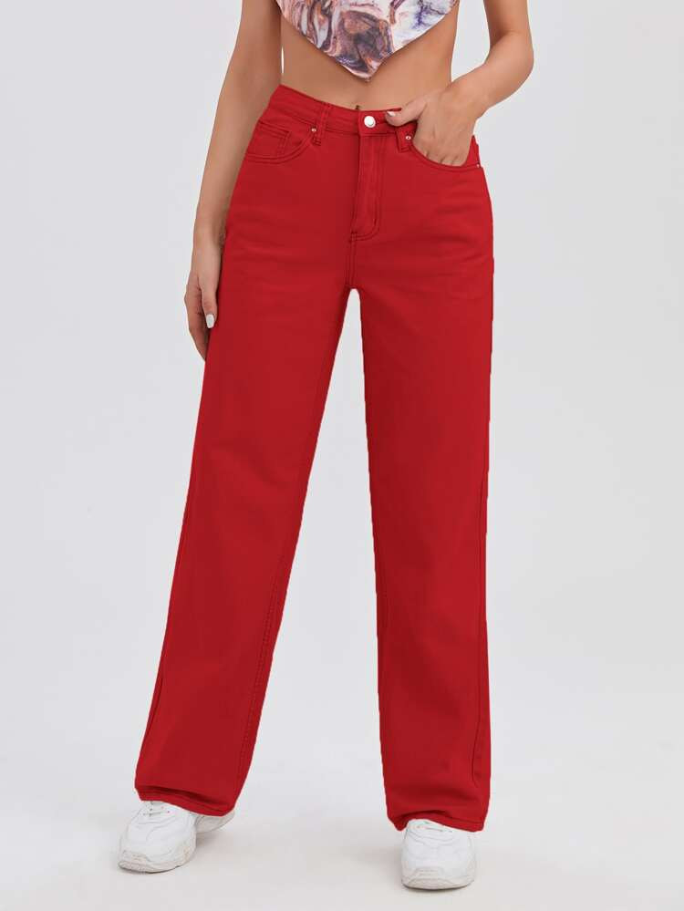 High Waist Slant Pocket Straight Jeans | SHEIN