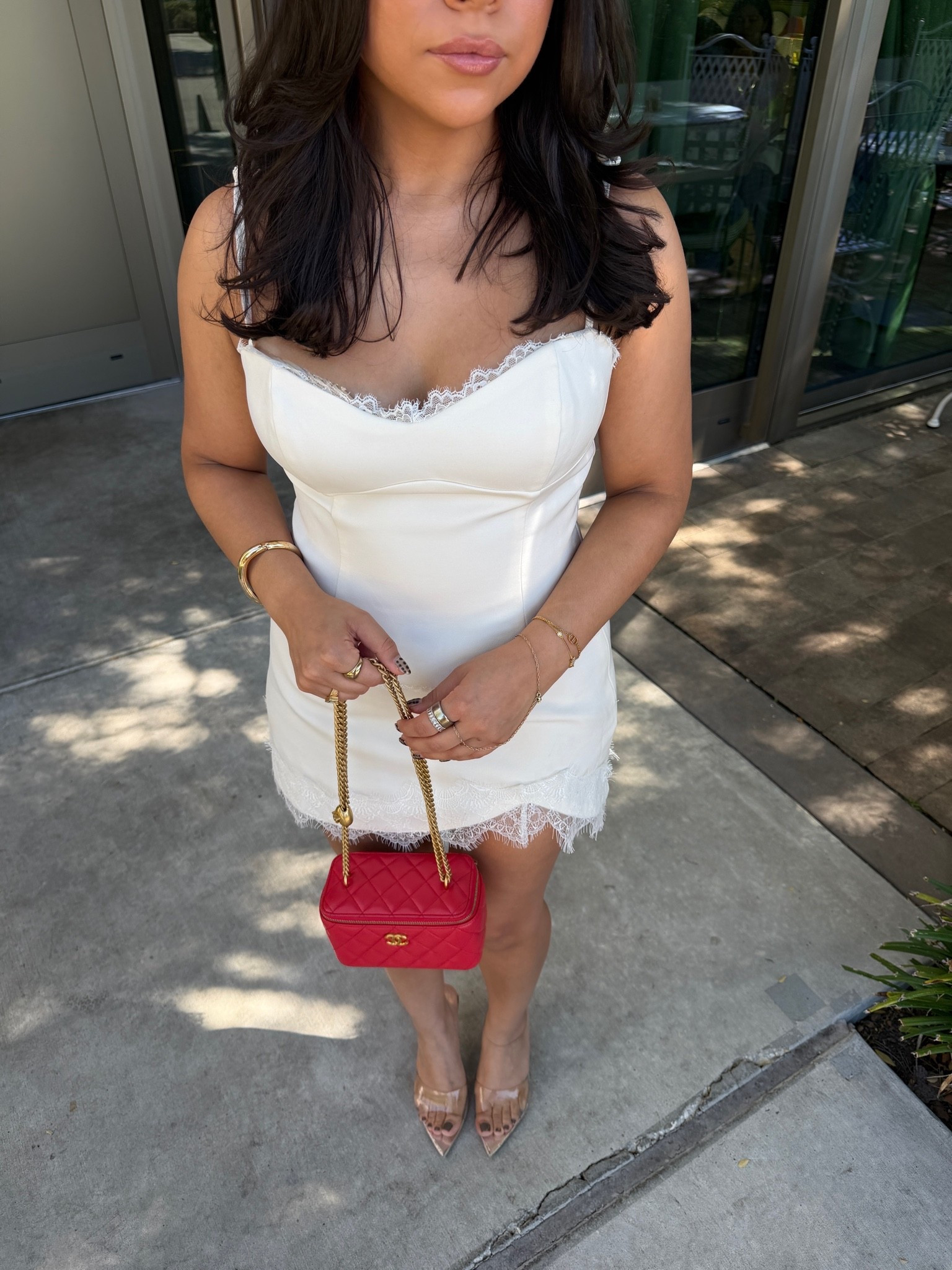 Top: 6, but wish I would’ve gotten 4! 
Skirt: 6
Clear heels: 7 
Red vanity bag