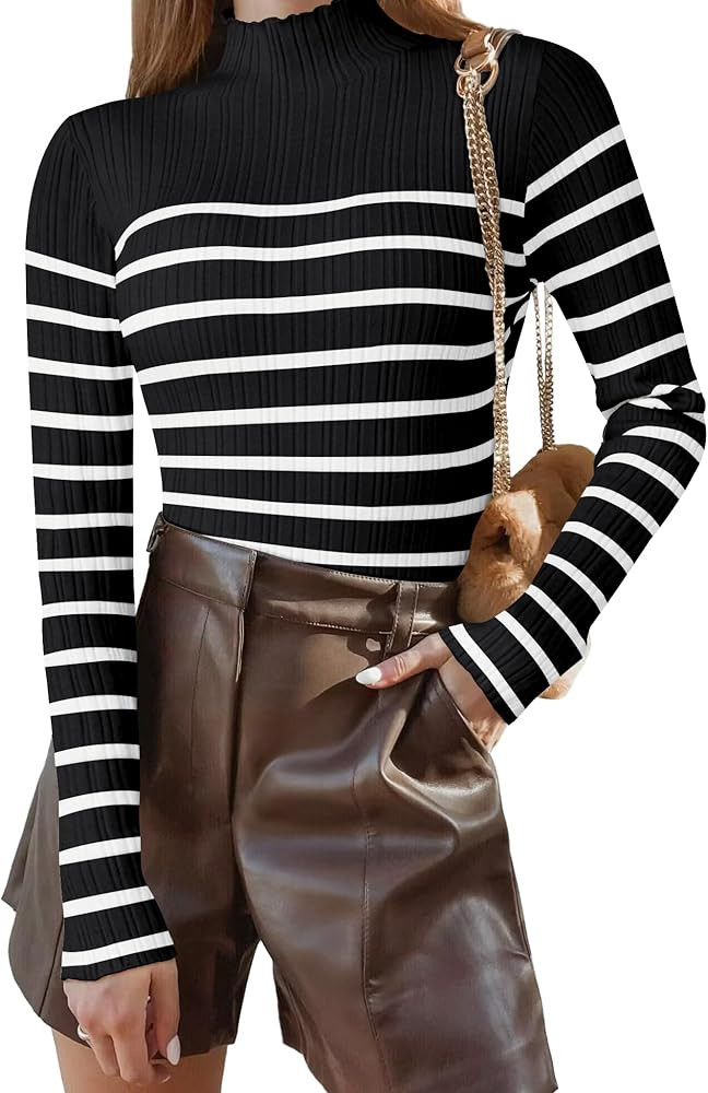 MEROKEETY Women's 2024 Long Sleeve Striped Tops Mock Neck Ribbed Knit Casual Pullover Sweaters Sh... | Amazon (US)