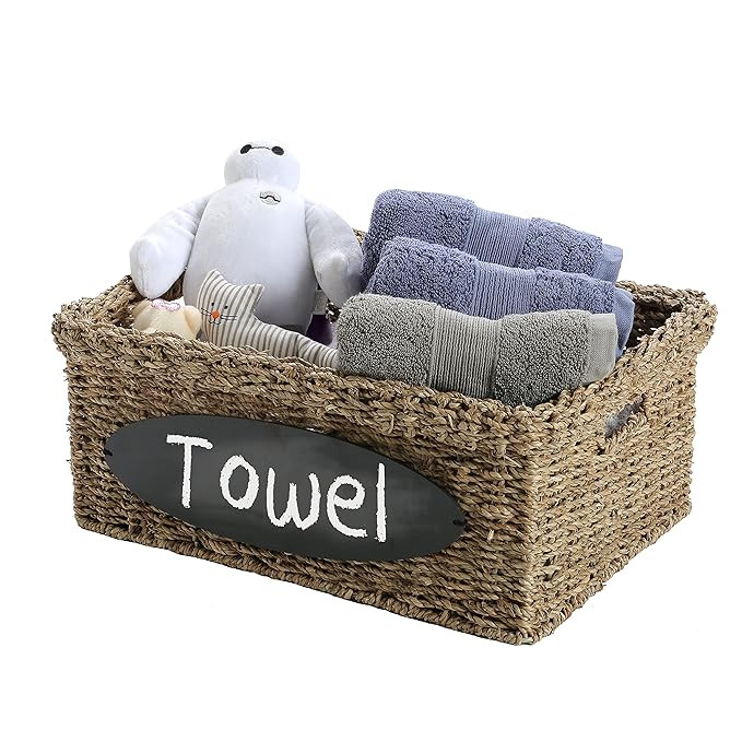 MyGift Woven Wicker Seagrass Storage Basket Tote with Handles and Chalkboard Label, 17 X 13 Inch | Amazon (US)