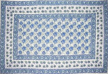 Lotus Flower Block Print Floral Cotton Tablecloth 90" x 60" Blue | Amazon (US)