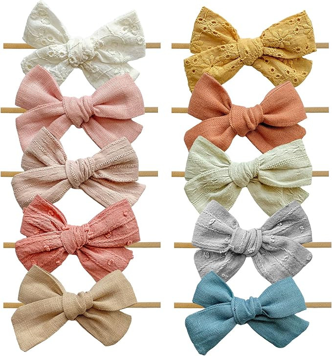 Mai Bebe Baby Bow Headbands - 10PCS Baby Girl Nylon Headbands - Bows on Nylon Headband for Newbor... | Amazon (US)