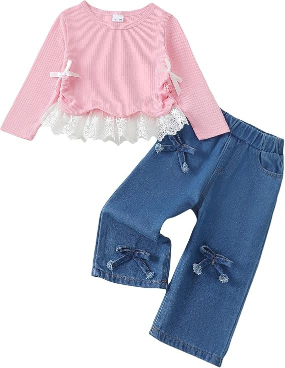 Kucnuzki Toddler Kids Girl Clothes Long Sleeve Shirt Tops Baggy Jeans Cute Pants Set Baby Girl Ou... | Amazon (US)