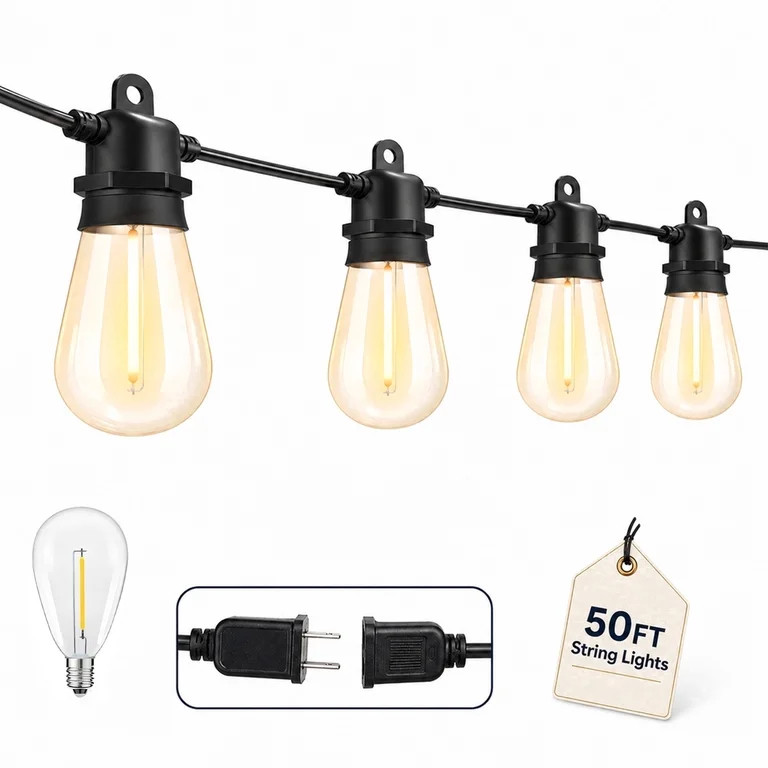 DAYBETTER Outdoor String Lights, 50FT Heavy-Duty Patio Lights with 15 LED Bulbs, Shatterproof & W... | Walmart (US)