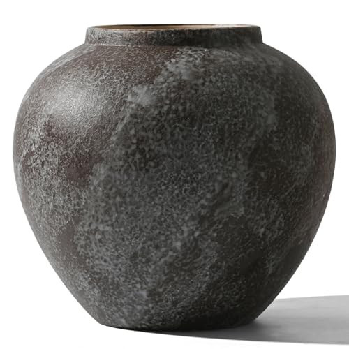 Large Rustic Black Stone Vase Home Decor - 8.8 in Ceramic Vintage Farmhouse Vases for Decor, Decorative Terracotta Round Clay vase for Living Room, Table, Shelf, Kichen Décor | Amazon (US)