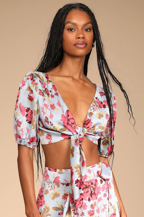 Fairest Bloom Blue Floral Print Puff Sleeve Tie-Front Crop Top | Lulus (US)