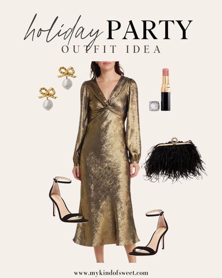 Holiday party outfit idea. I love this gold dress and feather detail clutch. 

#LTKstyletip #LTKSeasonal #LTKHoliday