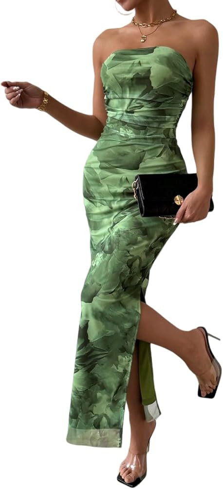 Women's Summer Dress Printed Strapless Tube Bodycon Maxi Side Slit Mesh Layered | Amazon (US)