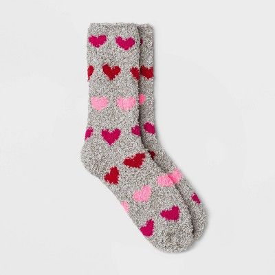 Women&#39;s Hearts Valentine&#39;s Day Cozy Crew Socks - Heather Gray 4-10 | Target
