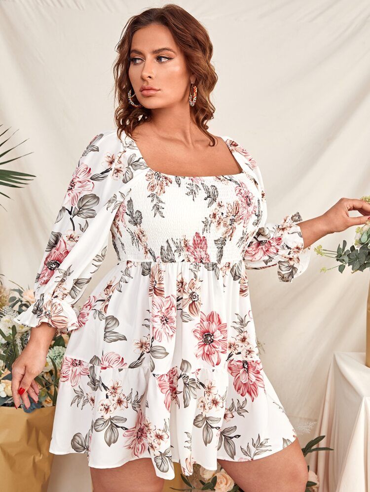 SHEIN Plus Floral Print Shirred Bodice Flounce Sleeve Dress | SHEIN