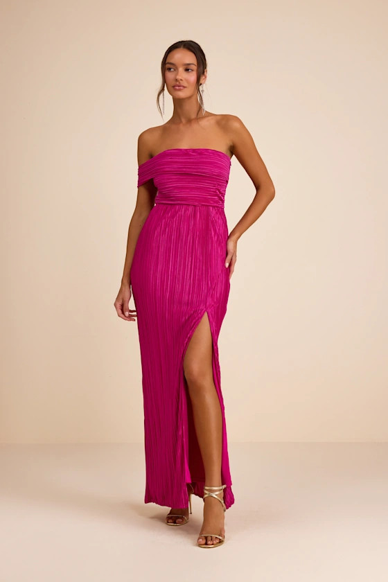 Poised Performance Fuchsia Plisse One-Shoulder Maxi Dress | Lulus