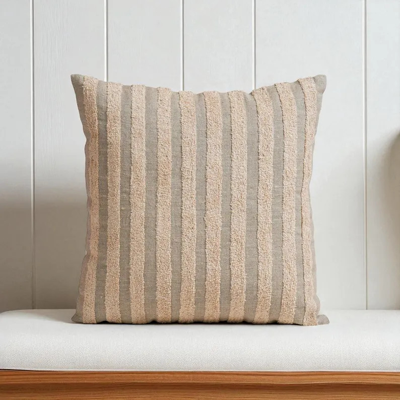 PURE ELEMENTS - Pure Linen Pillow Cover With Scandinavian Stripe Aari Embroidery – 18x18 Inches... | Etsy (US)