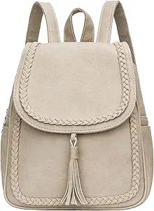 KKXIU Fashion Small Synthetic Leather Backpack Purse For Women and Ladies with Tassel (beige) | Amazon (US)