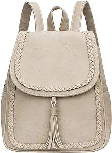 KKXIU Fashion Small Synthetic Leather Backpack Purse For Women and Ladies with Tassel (beige) | Amazon (US)