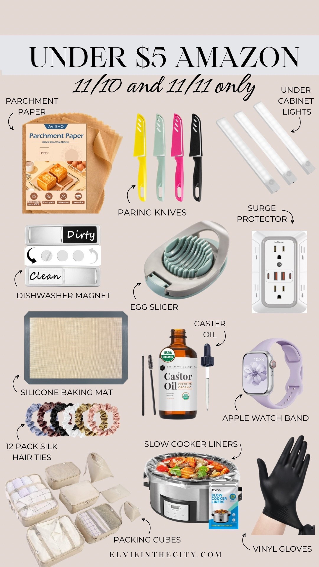Under $5 on Amazon, November 10 and 11 only. Finds include parchment paper sheets, a set of paring knives, under cabinet lights, a dishwasher magnet, egg slicer, surge protector, a silicone baking mat, caster oil, an Apple Watch band, set of 12 silk hair ties, packing cubes, slow cooker liners and vinyl gloves.

Home finds, kitchen finds, amazon finds, affordable home
#ad
#founditonamazon
@Amazon

#LTKHome #LTKSaleAlert