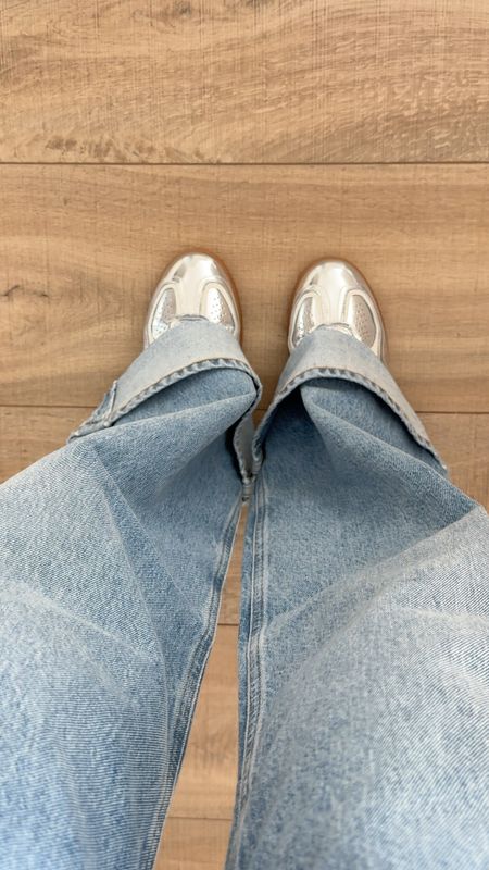 Loving my new silver sneakers and wide cuffed jeans for spring! It’s like having disco balls on my feet. 🪩 

#LTKshoecrush #LTKVideo #LTKstyletip