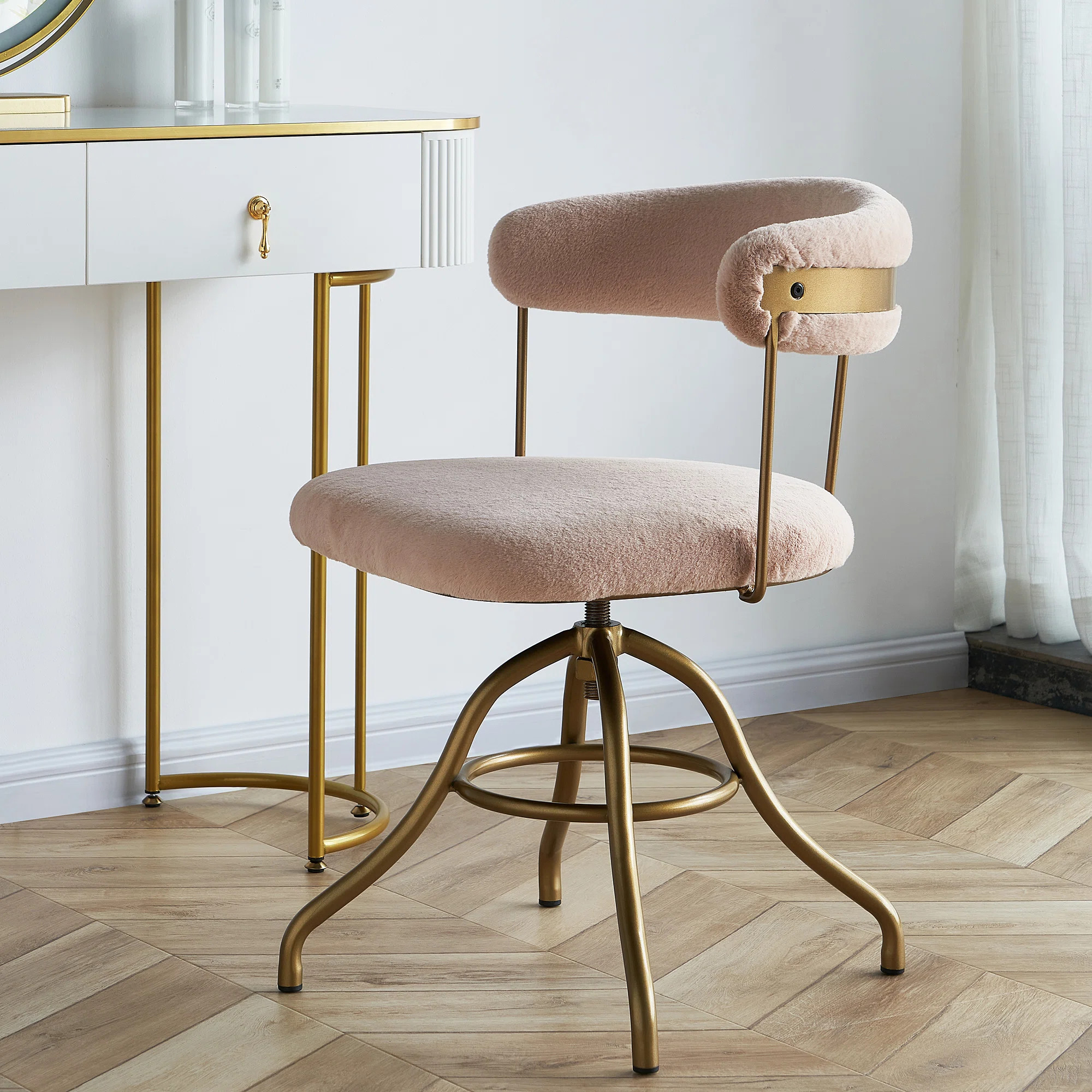 Milahni Faux Fur Gold Metal Frame Vanity Chair Swivel Task Chair | Wayfair North America