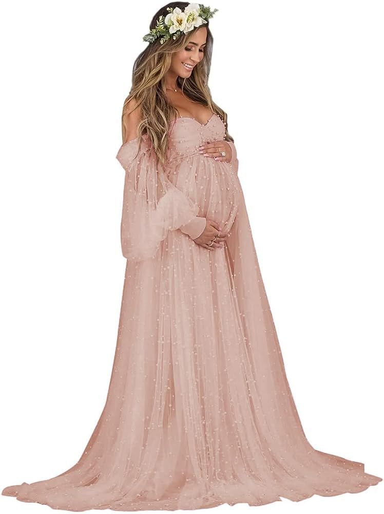 Pearl Tulle Maternity Dress for Photoshoot Long Puffy Sleeve Maternity Photography Dress for Baby Sh | Amazon (US)