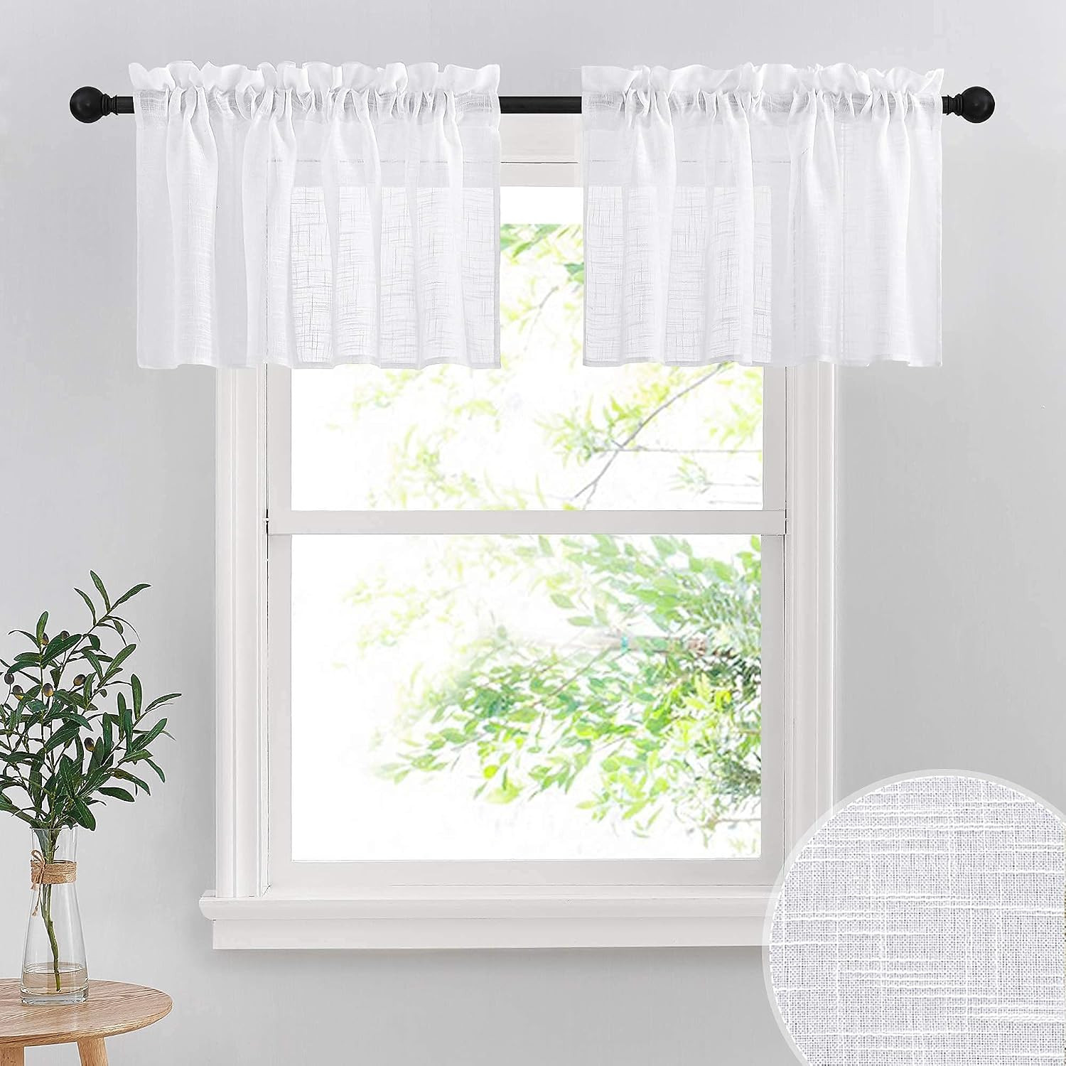 RYB HOME Linen Textured White Sheer Window Topper Valances for Cafe Kitchen | Semi-Sheer Drapes, 18 inches Length, Small Window Decor, for Kitchen Bedroom Cafe Basement, White, W52 x L18, 1 Pair | Amazon (US)