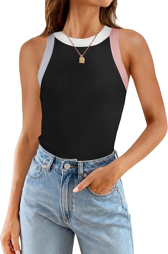 ZESICA Womens Summer Sleeveless Tank Tops Ribbed High Neck Racerback Slim Fitted Color Block Casu... | Amazon (US)