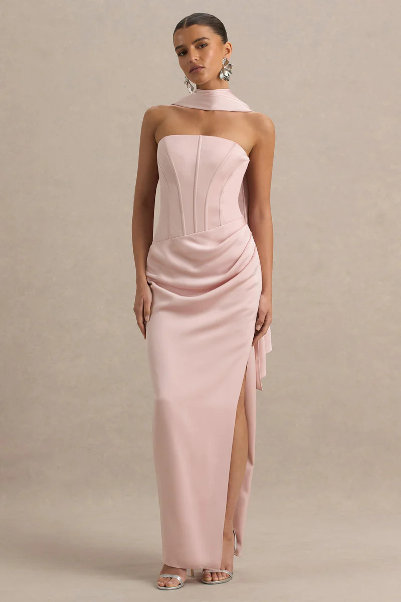Joseline  Pale Pink Satin Corset Wrap Maxi Dress With Scarf | Club L London