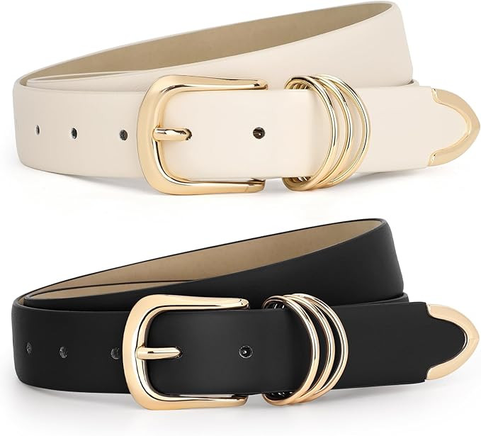 JASGOOD Women Leather Belt with Gold Buckle Ladies Faux Leather Belt for Jeans Pants | Amazon (US)