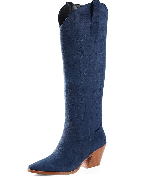 iiimmu Cowgirl Boots Women Knee High Boots Pointed Toe and Block Heel Cowboy Suede and Faux Leath... | Amazon (US)