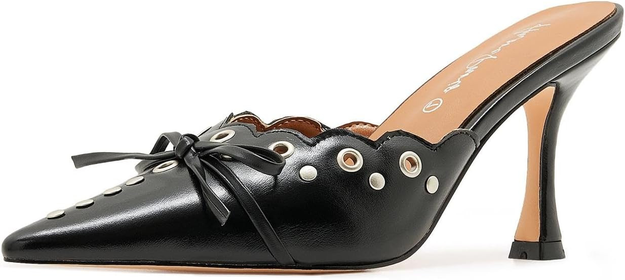 Bow Tie Heeled Mules for Women Pointy Studs Kitten Heels Dress Pumps Backless Stilettos… | Amazon (US)
