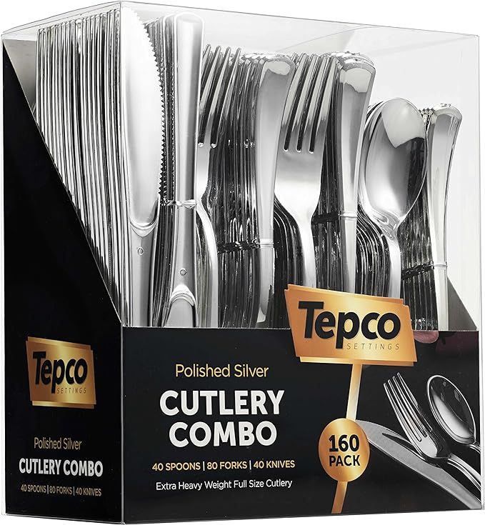 Plastic Silverware Set- Silver Flatware Set- Heavy Duty Cutlery Set - Bulk Combo Value Pack 160 c... | Amazon (US)