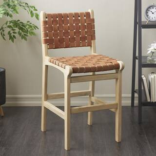 39 in. Light Brown Mango Wood Woven Bar Stool with Light Brown Wood Frame with Backrest and Footrest | The Home Depot