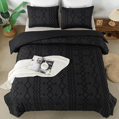 Andency Black Tufted Comforter Set Full(79x90Inch), 3 Pieces(1 Tufts Comforter, 2 Pillowcases) Boho Textured Farmhouse Bed Set, Microfiber Down Alternative Geometric Bedding | Amazon (US)