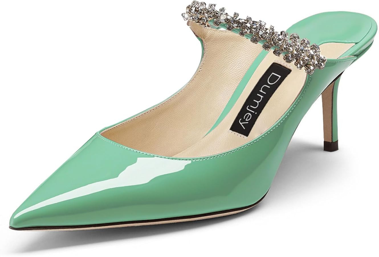 Dumjey Women Kitten Heel Mules Rhinestones Strap Pointy Toe Mid Heels Pumps Slip On Bridal Sandal... | Amazon (US)